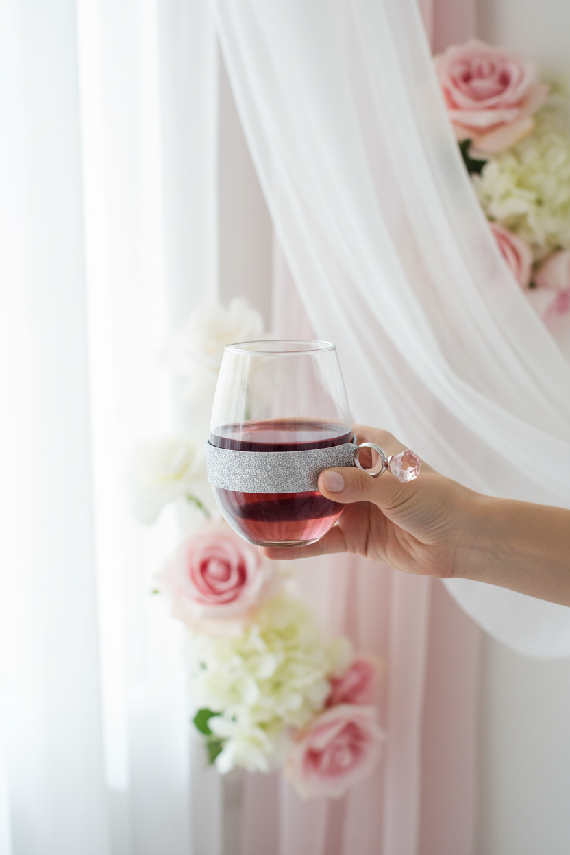 Light feminine editorial image of silver glitter wine glass