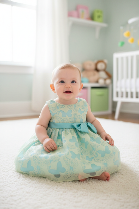 Baby wearing lime green butterfly burnout organza dress over aqua satin with matching bow - front view
