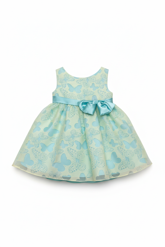 Infant lime green butterfly burnout organza dress with aqua satin skirt and bow - flat lay product photo
