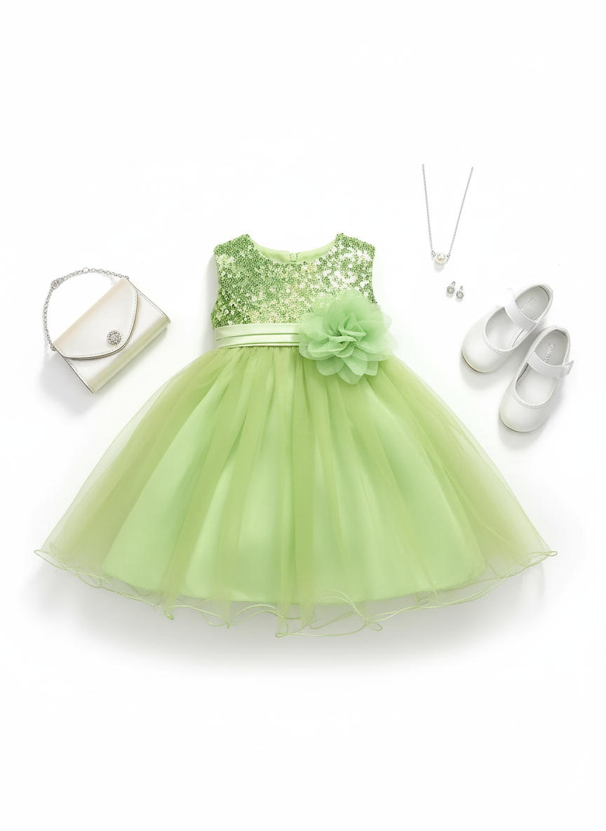 Lime green baby sequin party dress flat lay with tulle skirt, small purse, and ballet flats on white background