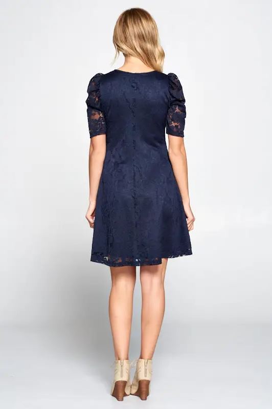 Navy Floral Lace Puff Sleeve Dress