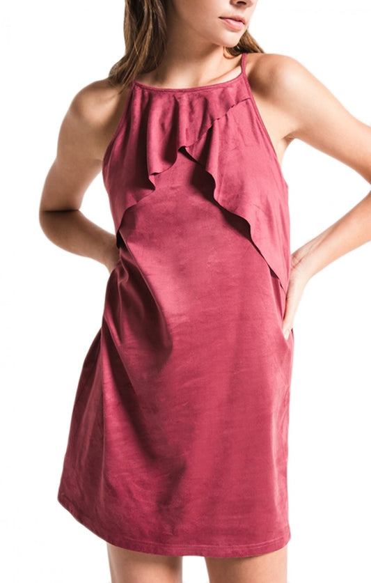 Maroon Ruffle Front Suede Dress
