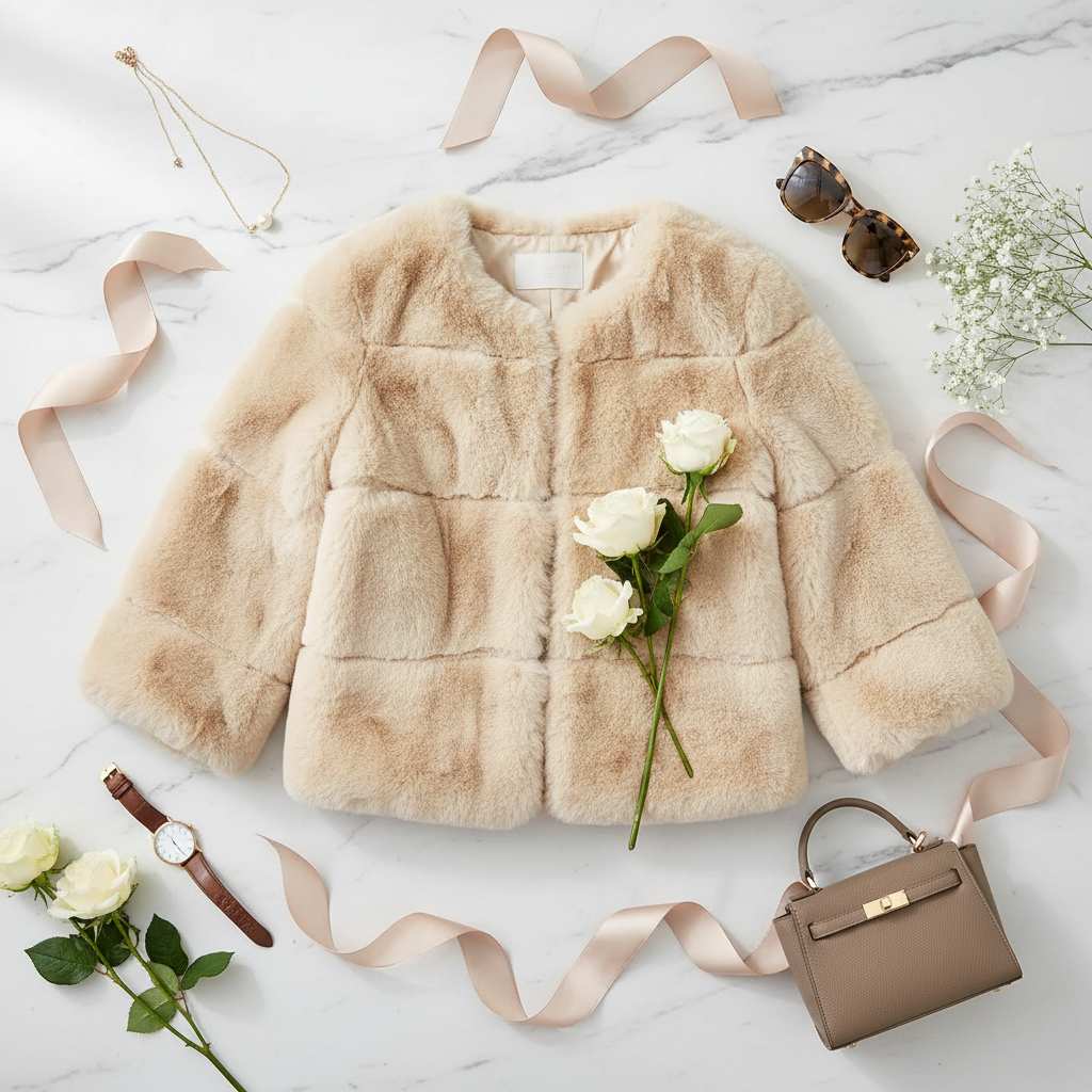 Luxury flat lay of cream faux fur jacket with styling elements