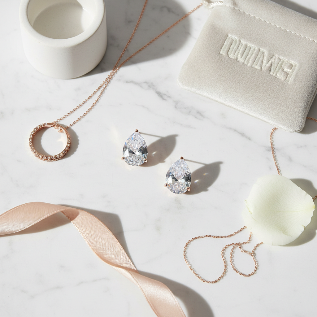 Luxury flat lay of teardrop crystal earrings styled on marble with elegant props
