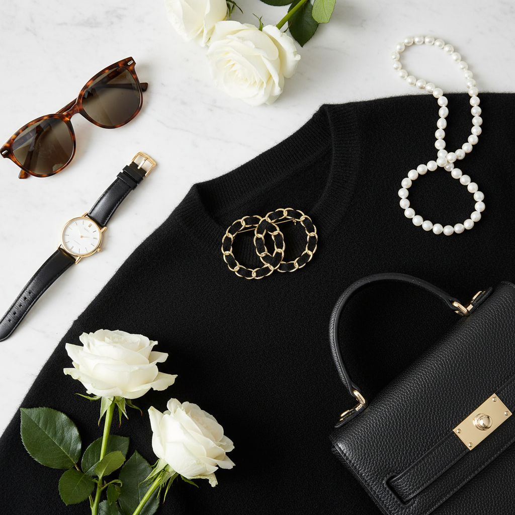 Interlocking double O chain brooch styled on black cashmere sweater with designer sunglasses, gold watch, leather handbag, pearl necklace, and white roses on white marble surface, luxury fashion flat lay
