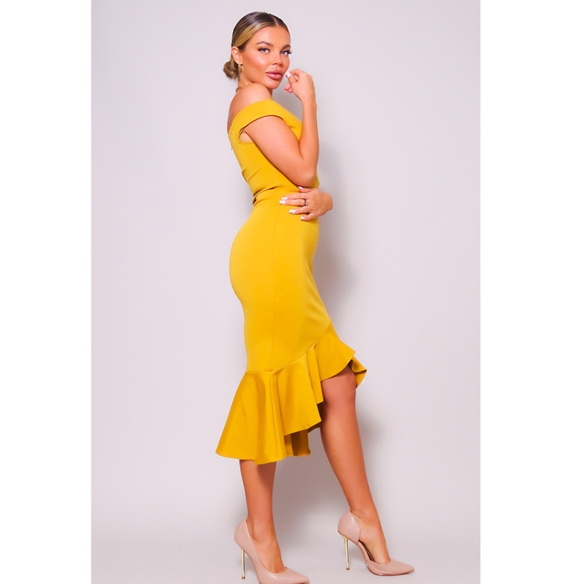 Off Shoulder Ruffle Mermaid Midi Dress
