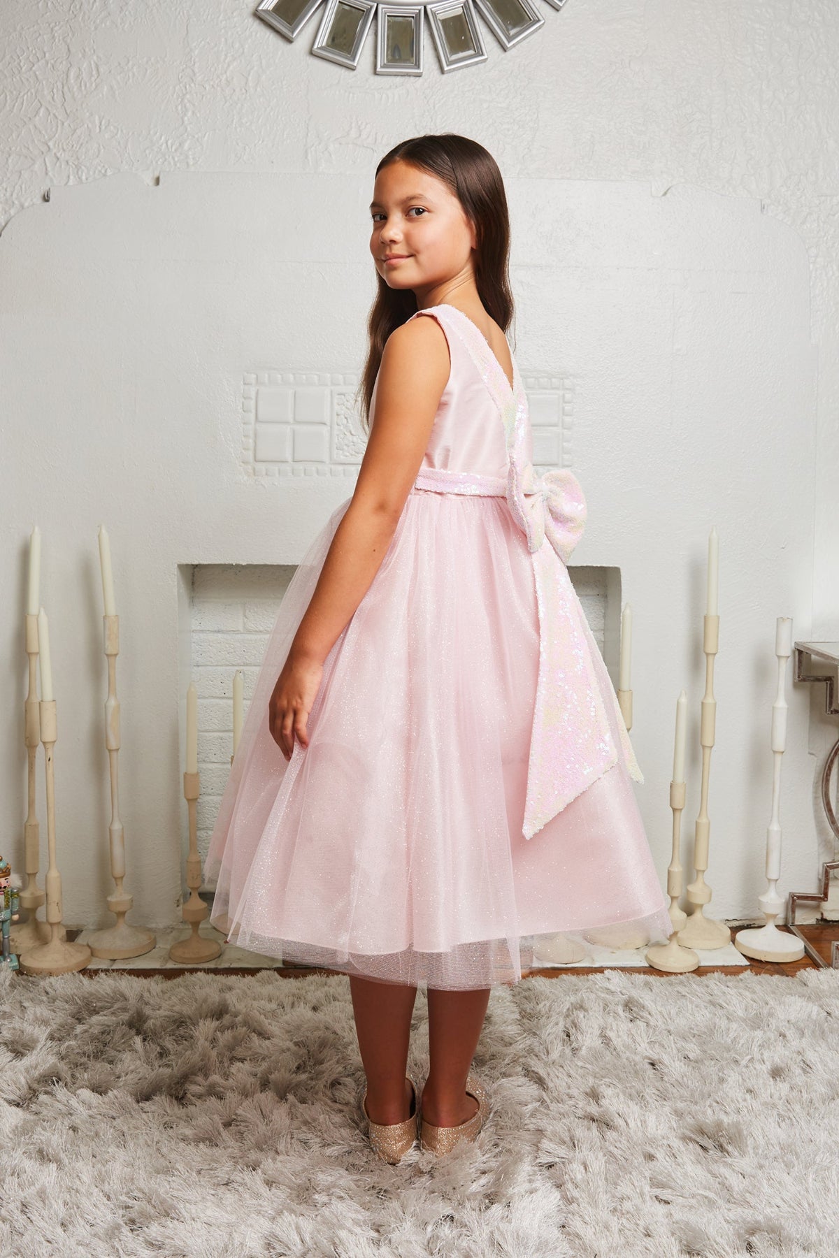 Girls' Light Pink Sequin Back V Dress