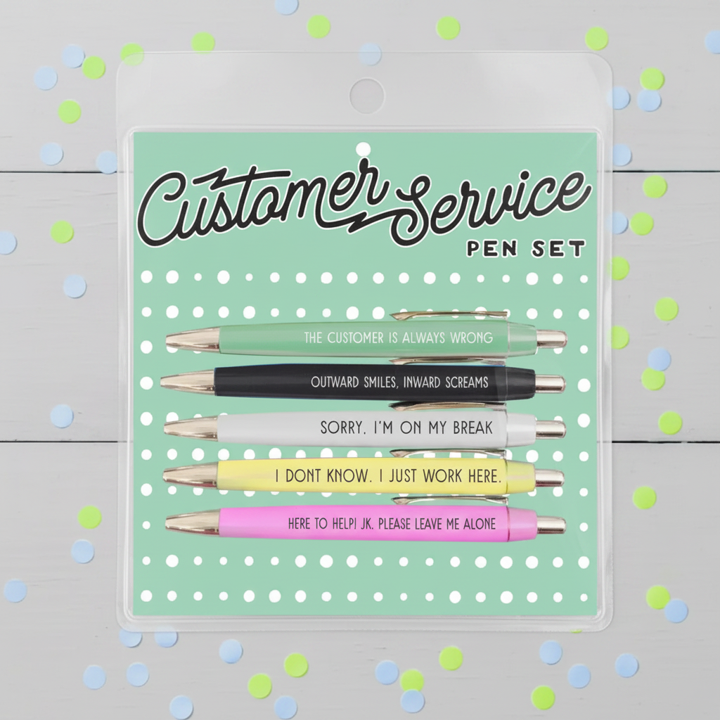 "Customer Service" Funny Pen Set – 5-Piece Gift for Retail Workers & Service Staff