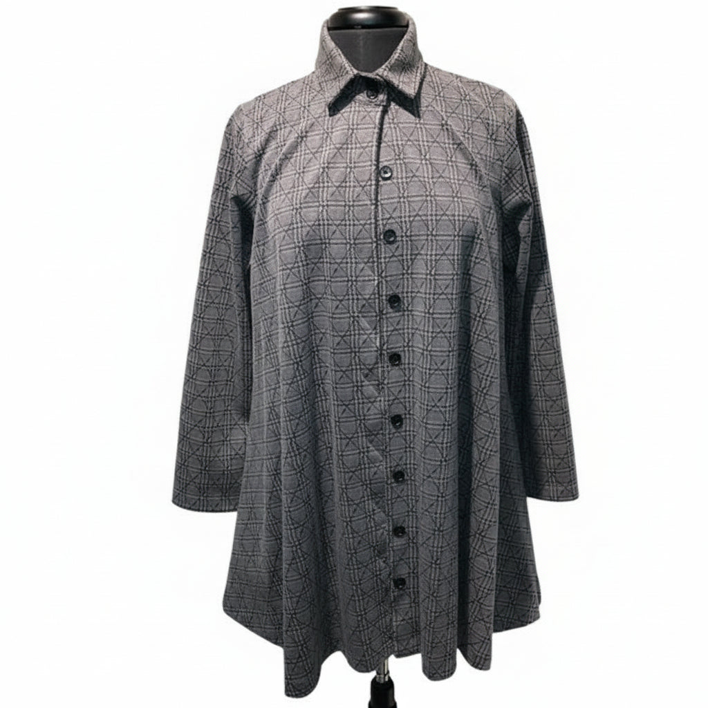 Grey plaid button-front coat with collar detail, front view on mannequin