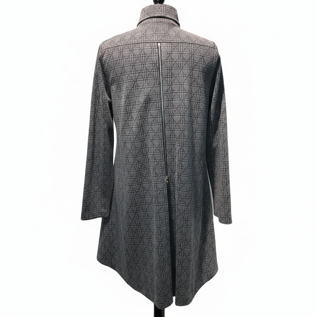 Grey plaid coat back view with zipper closure at bottom, hi-low hem, and dimensional plaid pattern