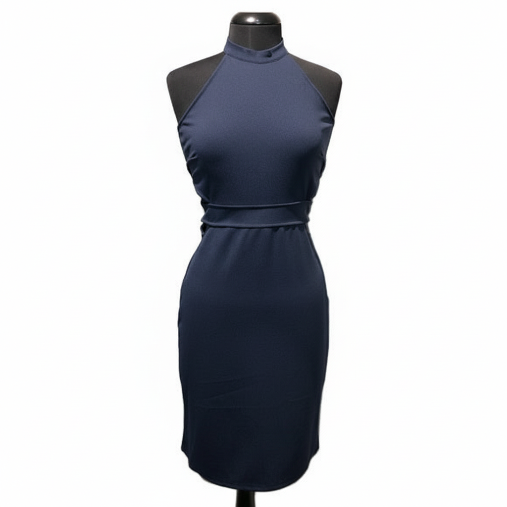 Navy halter dress with high mock neckline and geometric waist cut-out details on dress form, front view