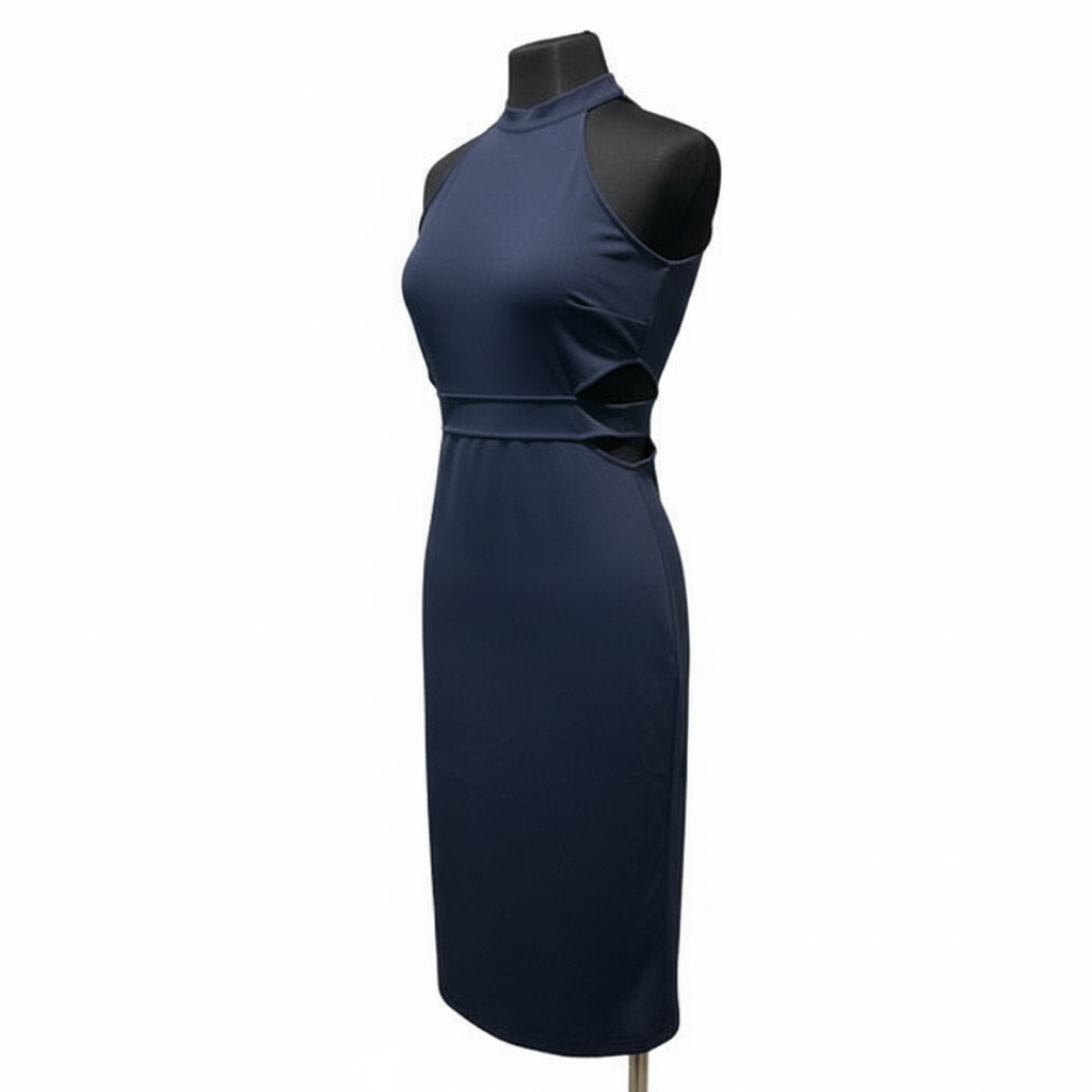 Navy halter dress with geometric waist cut-out details on dress form, side view showing sleeveless design