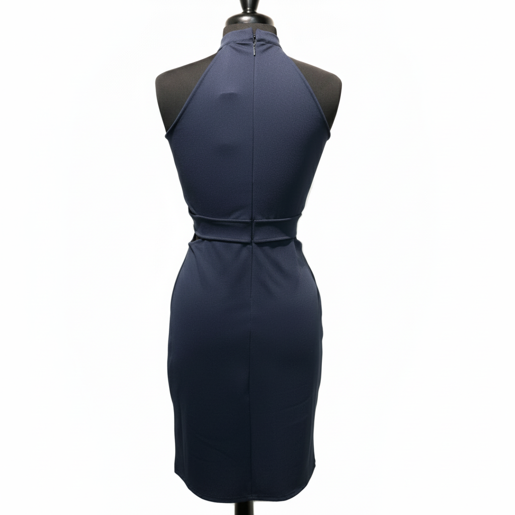 Navy halter dress on dress form, back view showing center back zipper closure