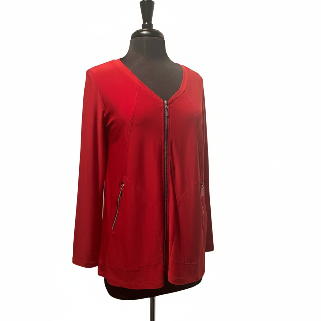 Red zip-front tunic jacket front view displaying full-length zipper and V-neckline