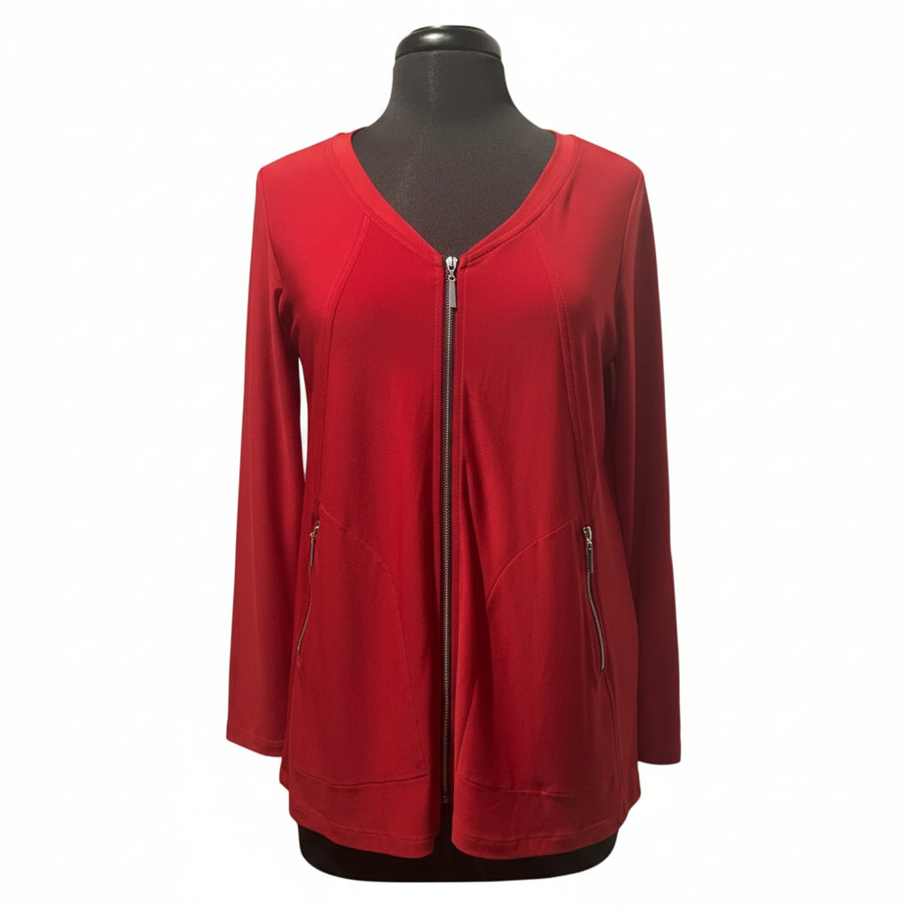 Red zip-front tunic jacket with V-neckline and zipper pockets, front view on mannequin