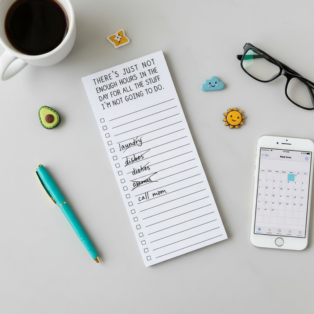 Overhead flat lay of funny magnetic notepad surrounded by pen, coffee mug, and accessories on white surface