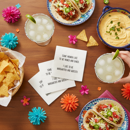 Overhead view of margarita'd and queso'd napkins with margarita glasses, queso dip, chips, and tacos at festive party