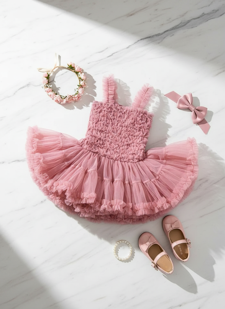 Mauve pink girls tutu dress flat lay with flower crown and accessories on marble surface