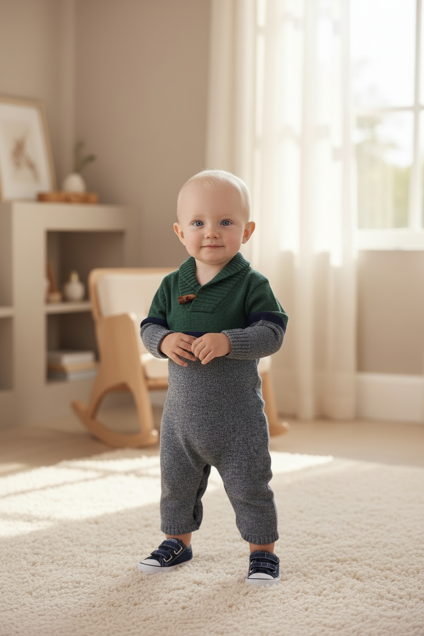 Baby Boy Sweater Knit Coverall Set with Booties - Green Gray Shawl Collar