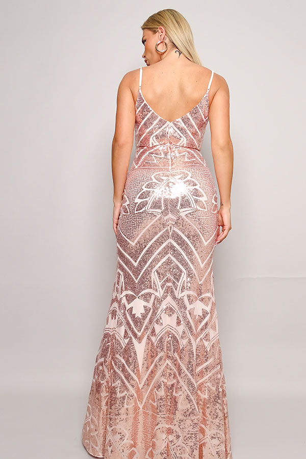 Bardot Art Deco Sequin Gown – Plunge Neckline & Front Slit
