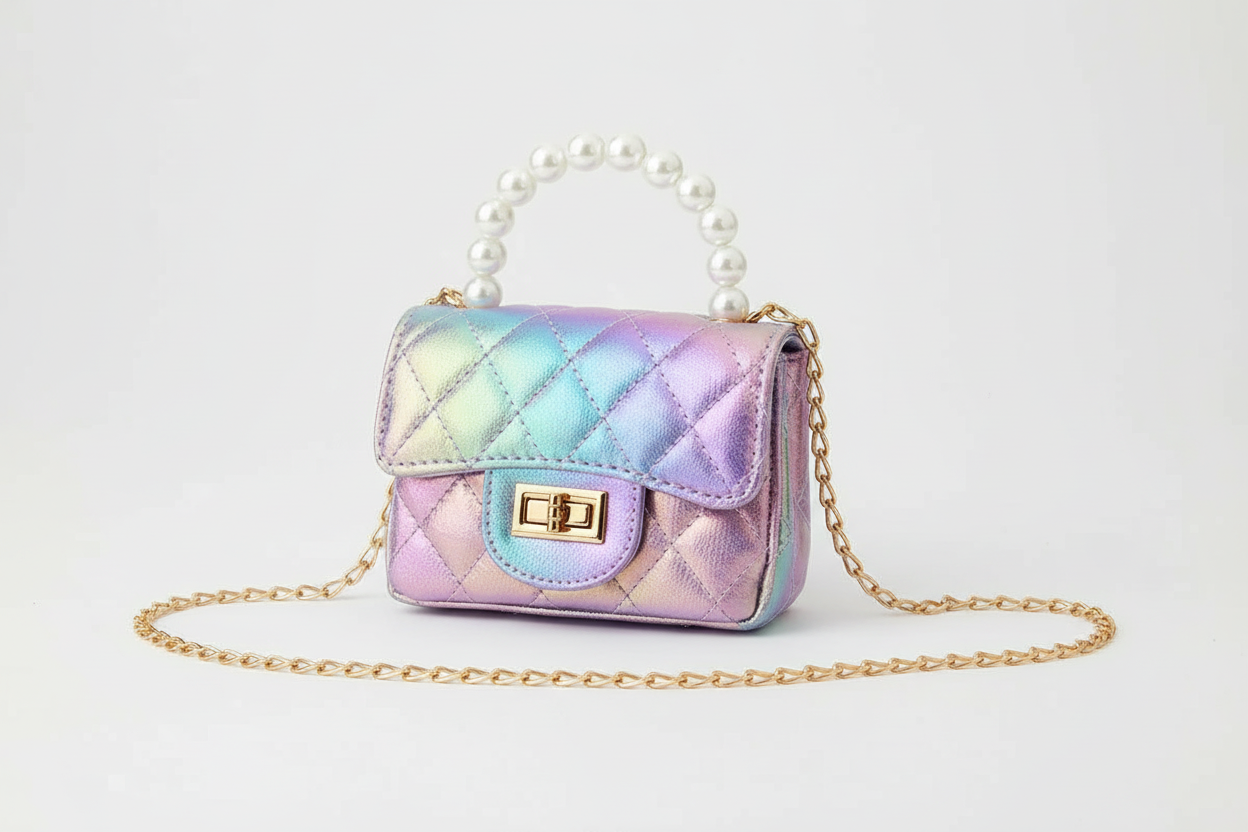 Mermaid iridescent quilted mini purse with rainbow holographic finish, pearl handle and gold chain strap on white background, professional studio product photography
