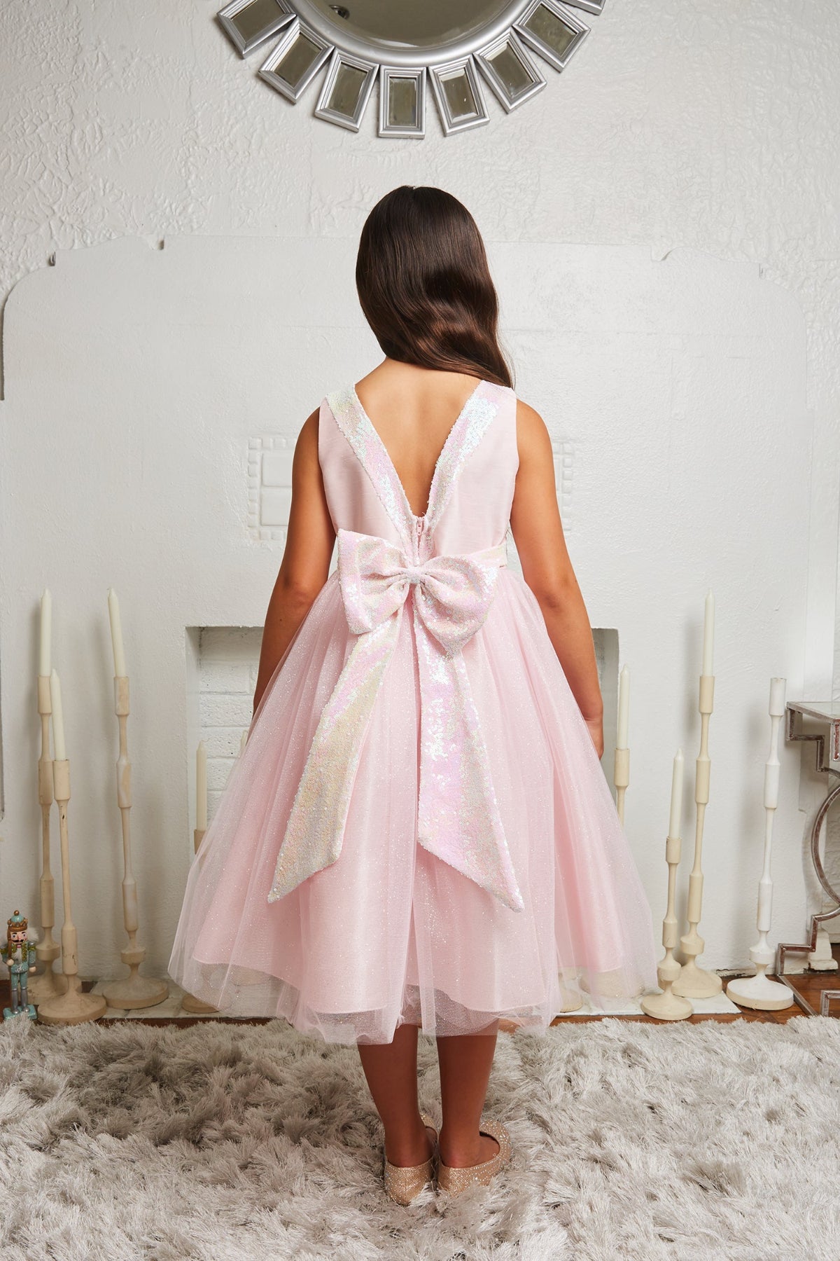 Girls' Light Pink Sequin Back V Dress