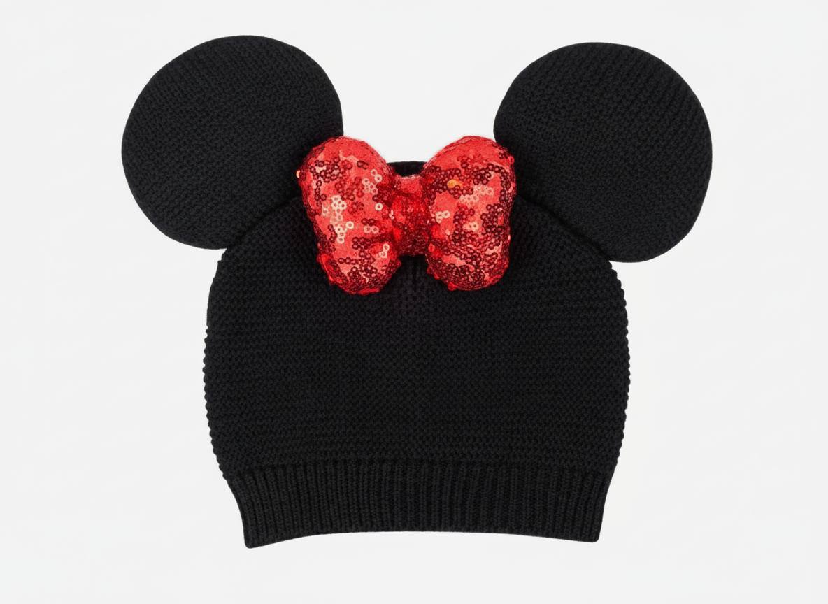 Black knit Minnie Mouse beanie with 3D ears and red sequin bow on white background