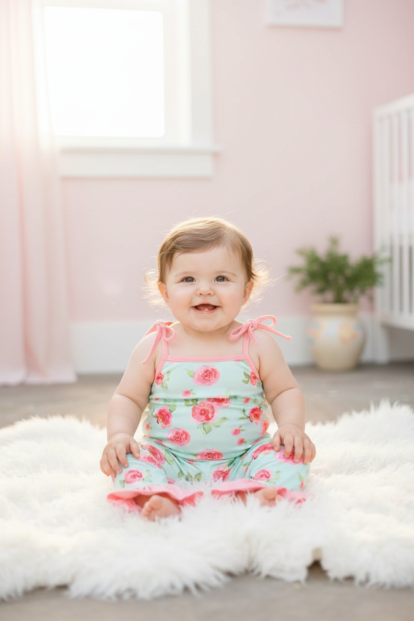 Mint Floral Baby Romper Lifestyle Hero - Less Greenery