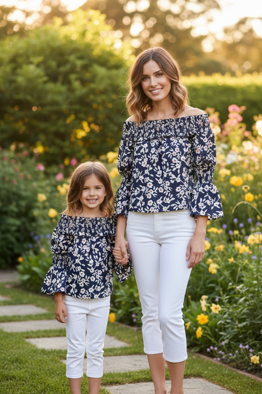 Mommy & Me - Cropped Navy Floral Tops with White Capris