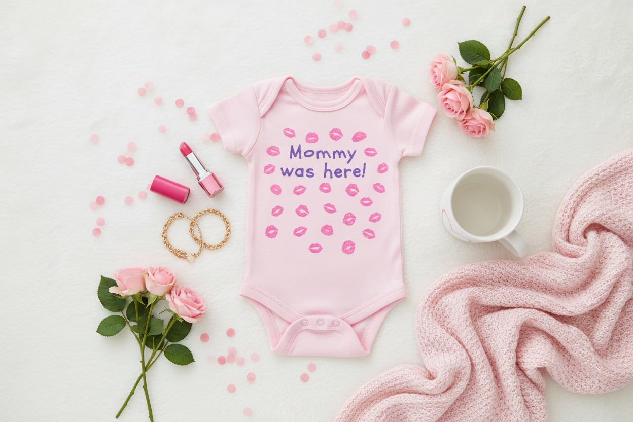 Pink baby onesie with "Mommy was here!" kiss prints on white surface with pink lipstick, coffee mug, gold bracelet, pink roses, and baby blanket
