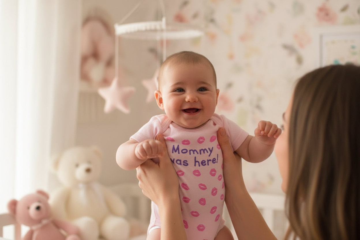Happy baby in pink "Mommy was here!" onesie being held by mother's hands in soft pink nursery setting
