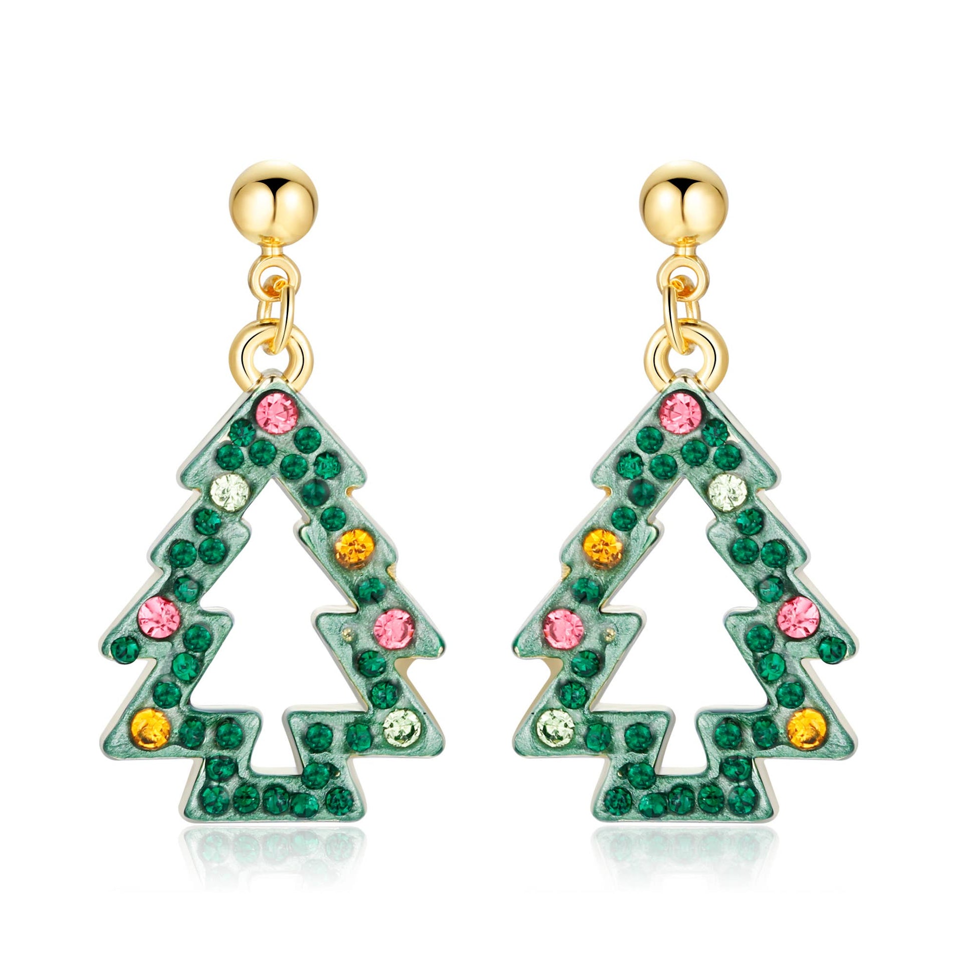 Pair of Christmas tree dangle earrings with green crystal outline and pink, yellow, and clear ornament accents on white background
