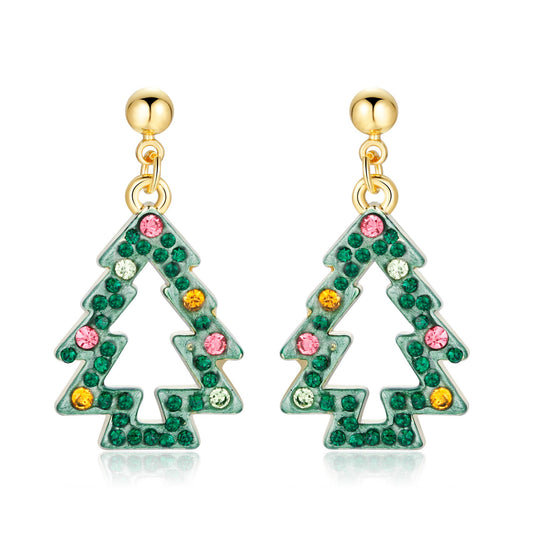Pair of Christmas tree dangle earrings with green crystal outline and pink, yellow, and clear ornament accents on white background
