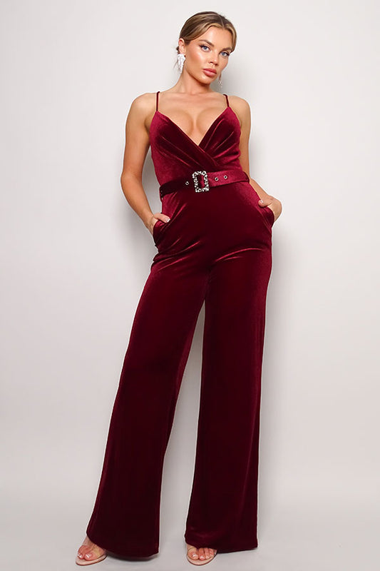 Rhinestone Belt Velvet Jumpsuit