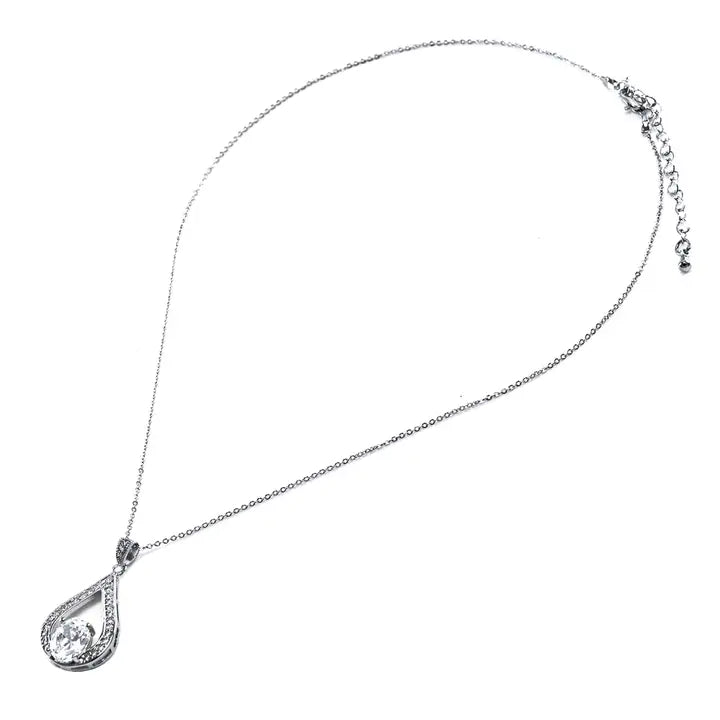 Teardrop pendant necklace with cubic zirconia halo shown on full silver chain with lobster clasp and extender