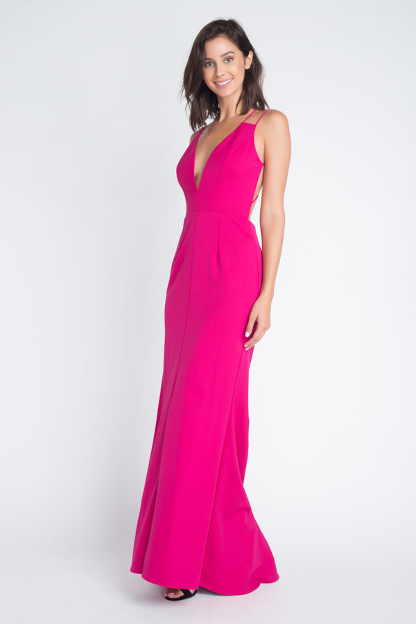 Deep V Spaghetti Strap Cross back Fuchsia Gown