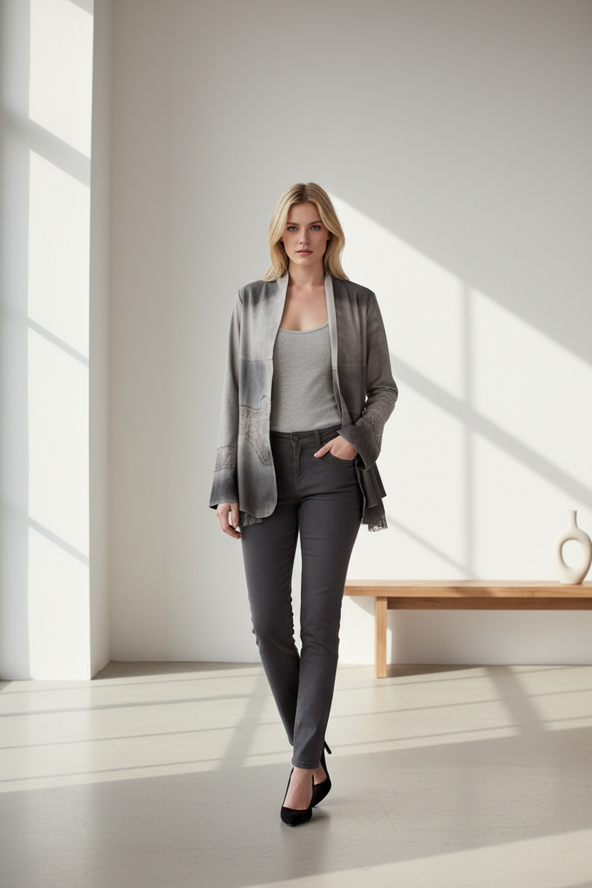 Ombre faux suede jacket with delicate lace detail and bell sleeves in beige gradient tones styled in modern minimalist setting