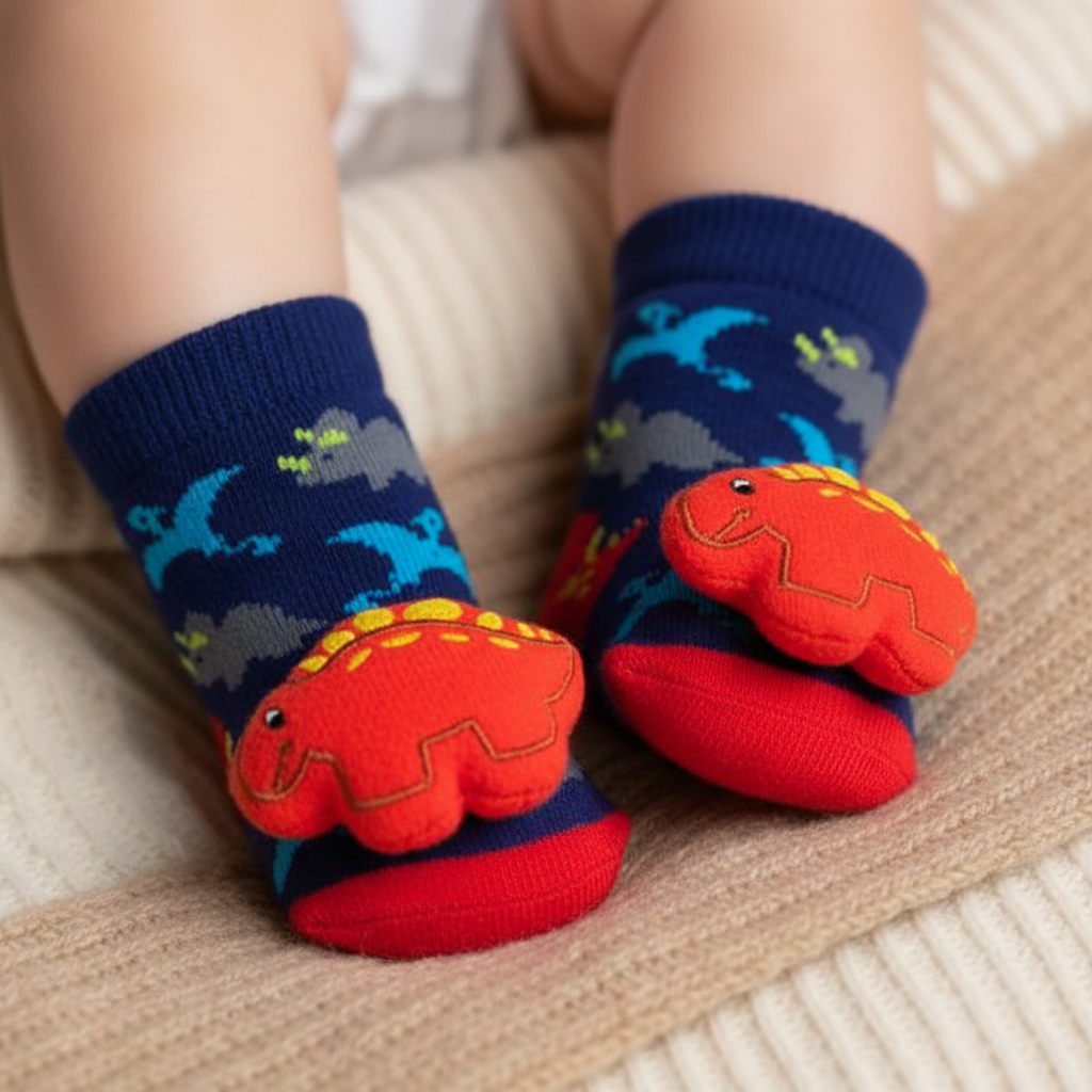 Navy Dinosaur Rattle Socks on Infant Feet