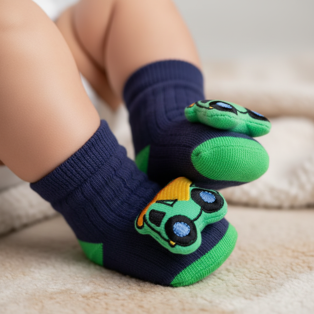 Navy Dump Truck Rattle Socks on Infant Feet