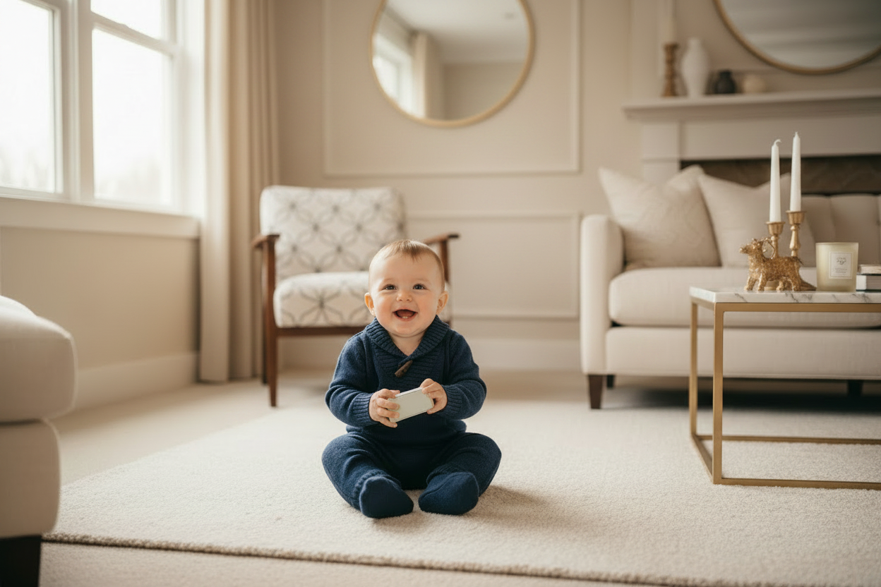 Baby sitting on a carpeted floor in a living room holding a toy.