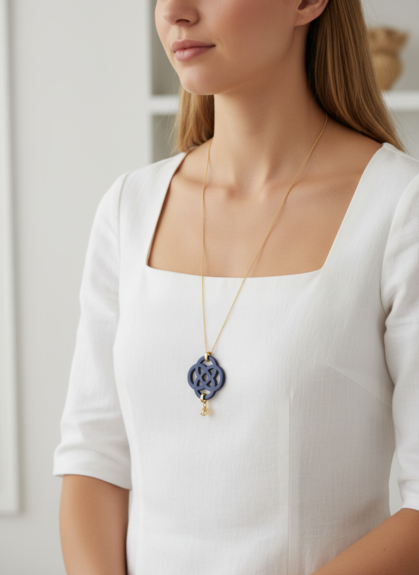 Navy quatrefoil necklace lifestyle - correct length