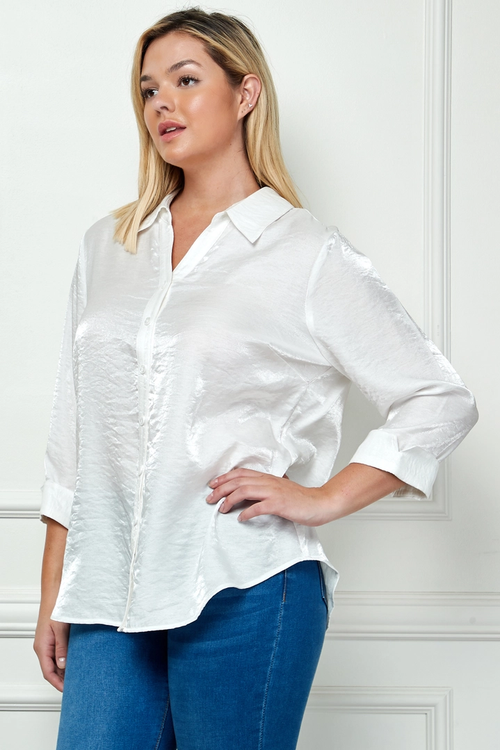 Shimmer 3/4 Cuff Sleeve Collared Button Down Blouse PLUS