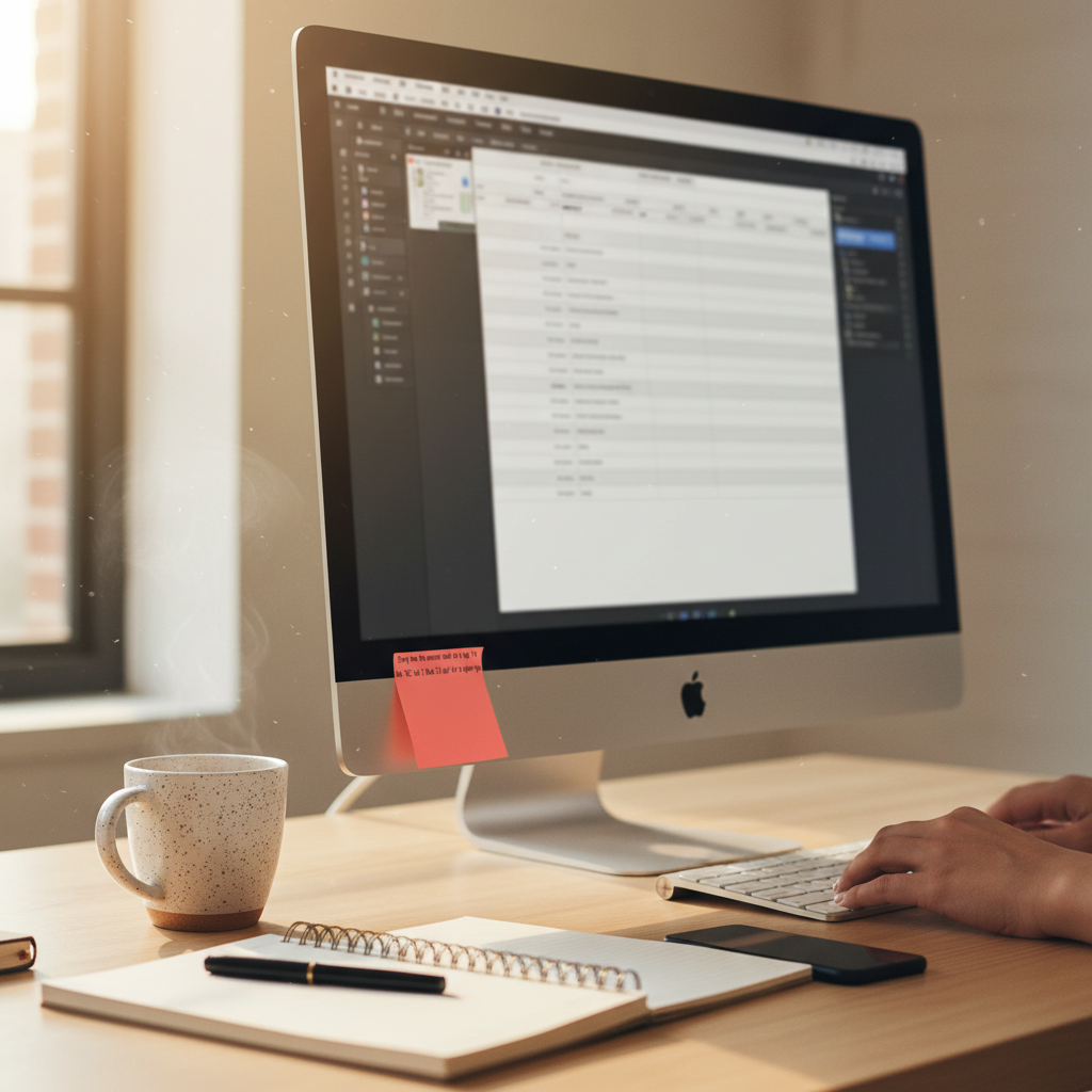 Neon orange sticky note with funny universe sign quote stuck on laptop screen at modern workspace desk