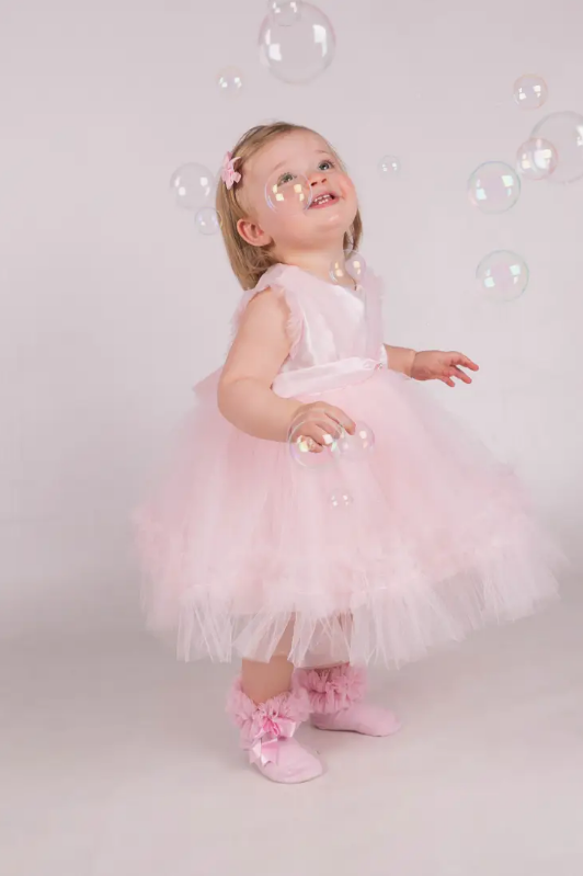 Infant Special Occasion Pink Tulle Ruffle Dress Set w/Headband & Booties