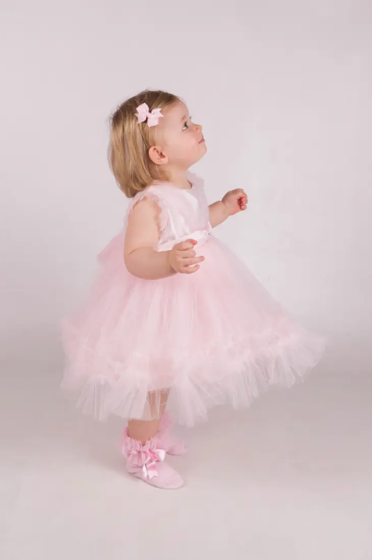 Infant Special Occasion Pink Tulle Ruffle Dress Set w/Headband & Booties
