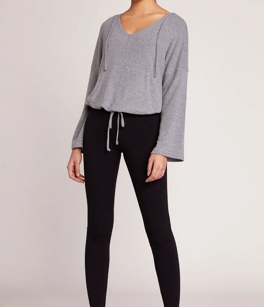 Gray Hoodie Top with Drawstring Hem - Relaxed V-Neck Pullover