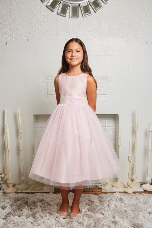 Girls' Light Pink Sequin Back V Dress