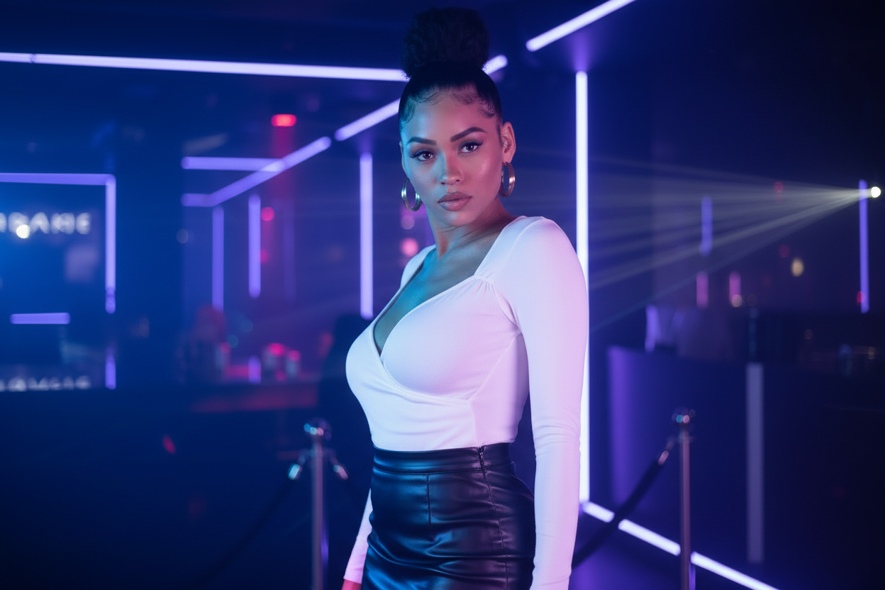 Woman in white long sleeve sweetheart neck bodysuit styled with black leather mini skirt in a nightclub setting – women's night out bodysuit
