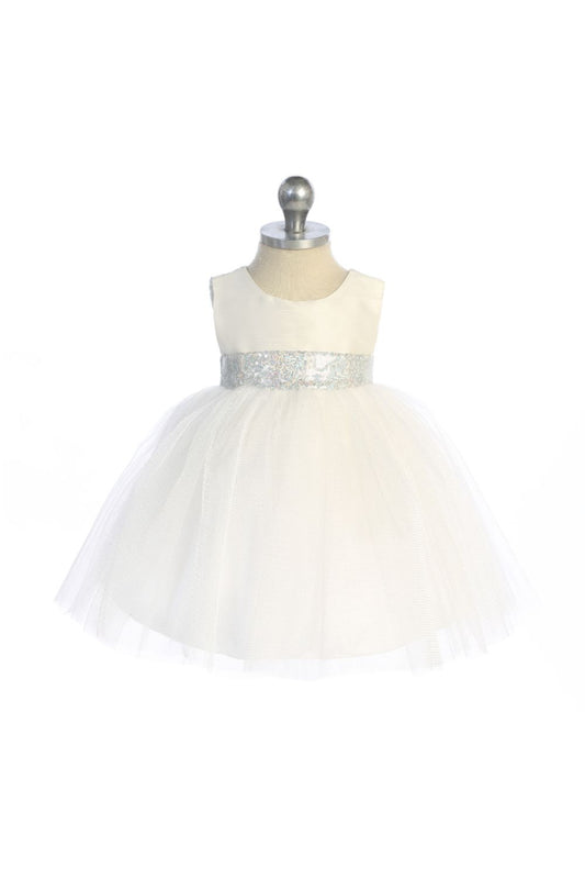 Infant Ivory/Silver Sequin Back V Dress