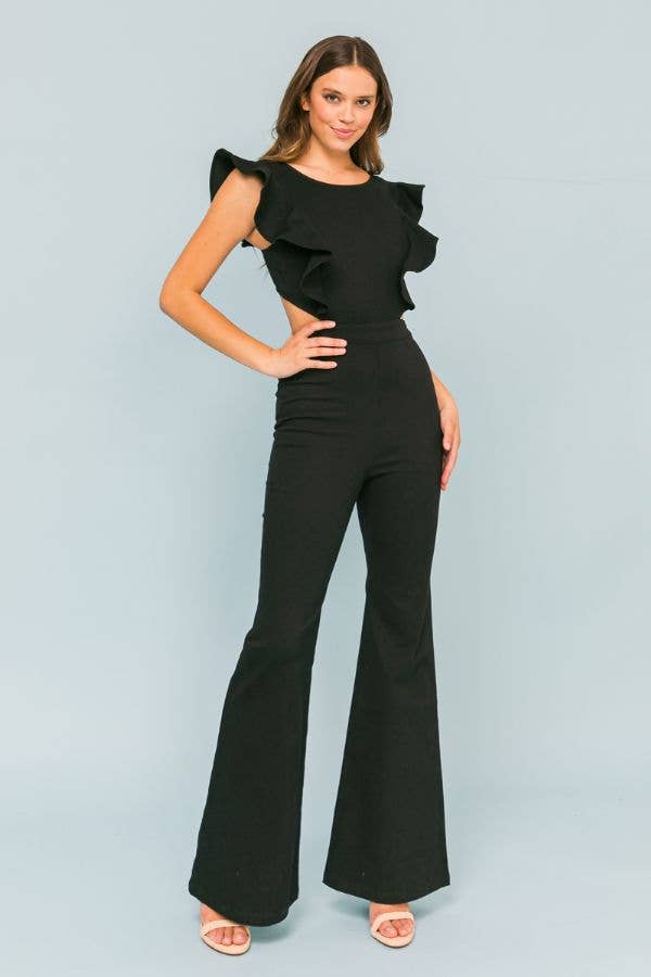 Black Flared Stretch Denim Jumpsuit with Ruffle Detail
